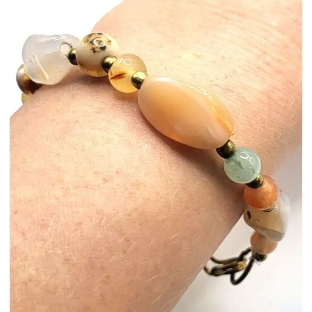 Estate Bohemian Orange Green Brass Agate Bracelet Chunky 8in
